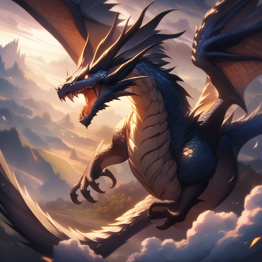 A majestic dragon soaring through clouds, fantasy…